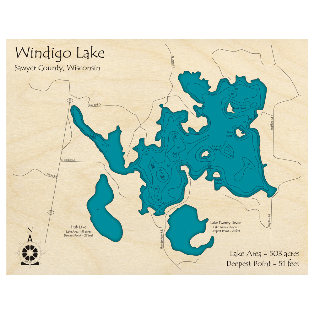 Bathymetric topo map of Windigo Lake, WI with roads, towns and depths noted in blue water.