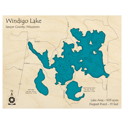 Bathymetric topo map of Windigo Lake, WI with roads, towns and depths noted in blue water.