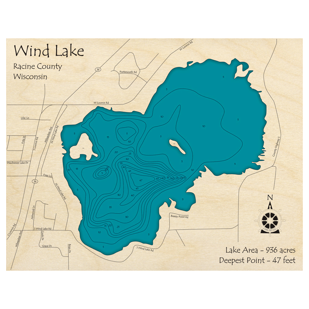 Bathymetric topo map of Wind Lake, WI with roads, towns and depths noted in blue water.