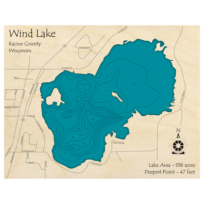 Bathymetric topo map of Wind Lake, WI with roads, towns and depths noted in blue water.