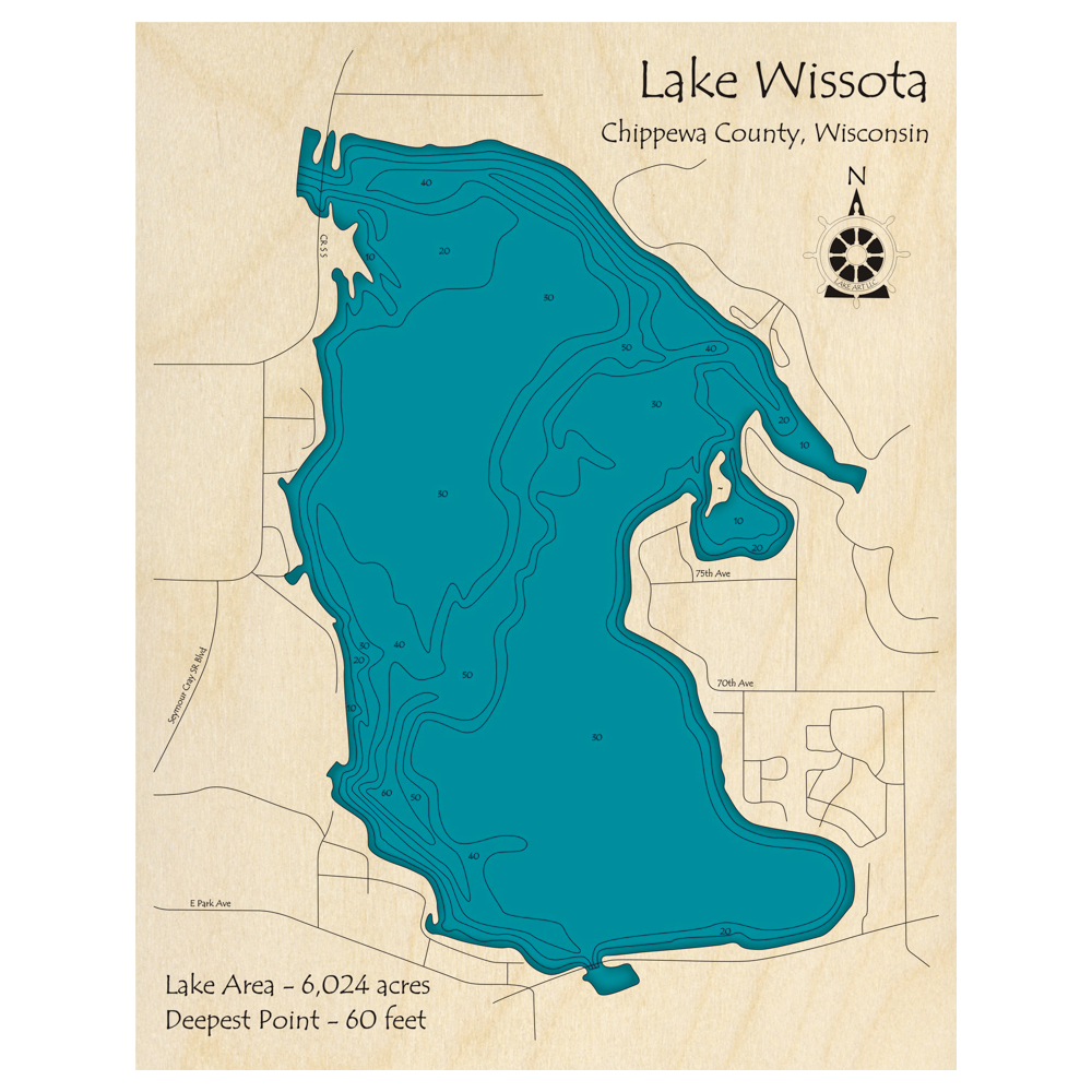 Bathymetric topo map of Lake Wissota, WI with roads, towns and depths noted in blue water.