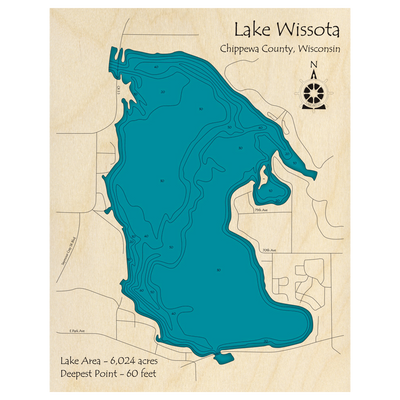 Bathymetric topo map of Lake Wissota, WI with roads, towns and depths noted in blue water.