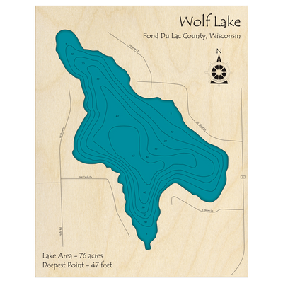 Bathymetric topo map of Wolf Lake, WI with roads, towns and depths noted in blue water.