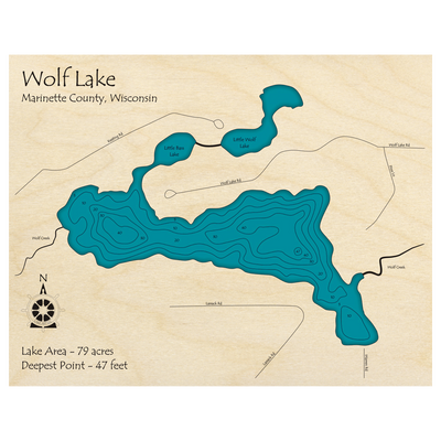 Bathymetric topo map of Wolf Lake, WI with roads, towns and depths noted in blue water.