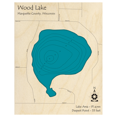 Bathymetric topo map of Wood Lake, WI with roads, towns and depths noted in blue water.