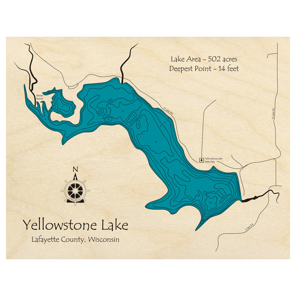 Bathymetric topo map of Yellowstone Lake, WI with roads, towns and depths noted in blue water.