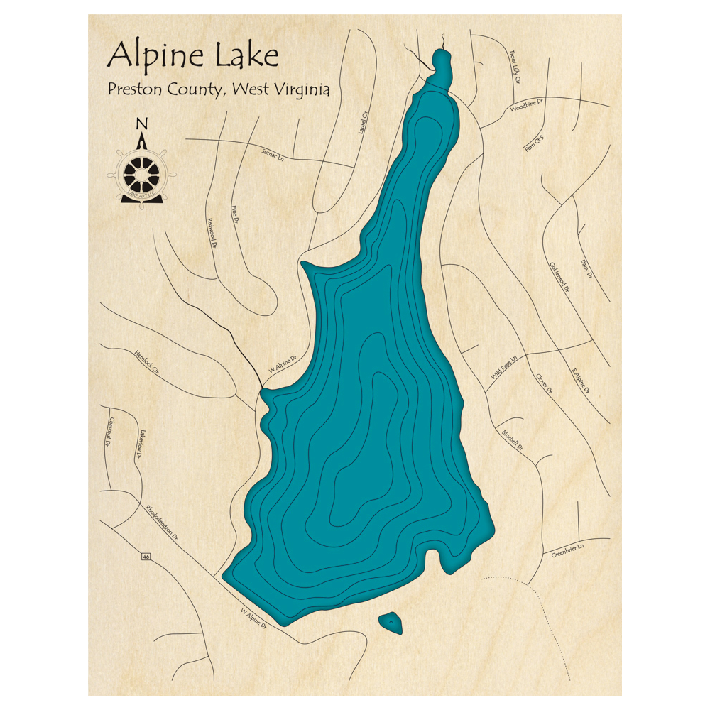 Bathymetric topo map of Alpine Lake, WV with roads, towns and depths noted in blue water.