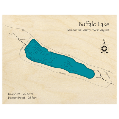 Bathymetric topo map of Buffalo Lake, WV with roads, towns and depths noted in blue water.