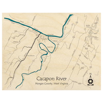 Bathymetric topo map of Cacapon River at Berkeley, WV with roads, towns and depths noted in blue water.