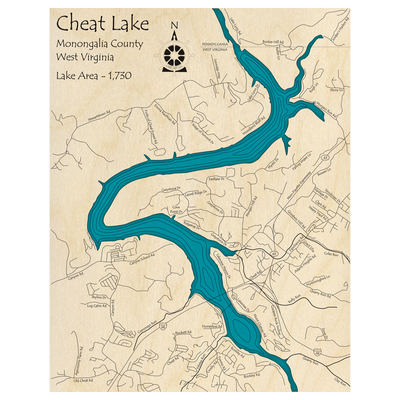 Bathymetric topo map of Cheat Lake, WV with roads, towns and depths noted in blue water.