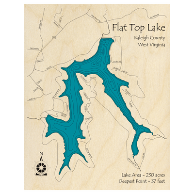 Bathymetric topo map of Flat Top Lake, WV with roads, towns and depths noted in blue water.