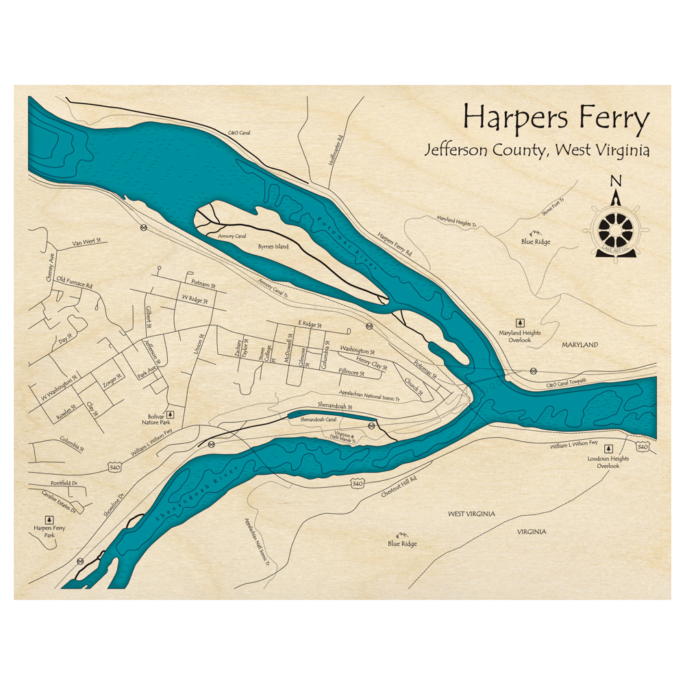 Bathymetric topo map of Harpers Ferry, WV with roads, towns and depths noted in blue water.