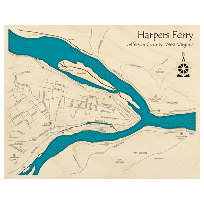 Bathymetric topo map of Harpers Ferry, WV with roads, towns and depths noted in blue water.