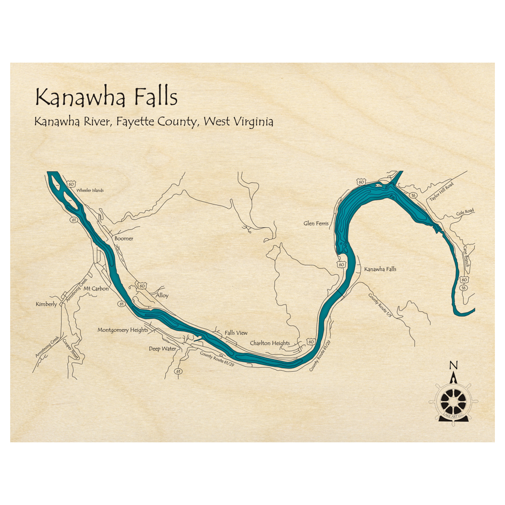Bathymetric topo map of Kanawha Falls - Kanawha River, WV with roads, towns and depths noted in blue water.