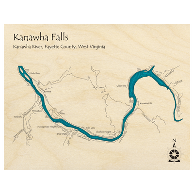 Bathymetric topo map of Kanawha Falls - Kanawha River, WV with roads, towns and depths noted in blue water.