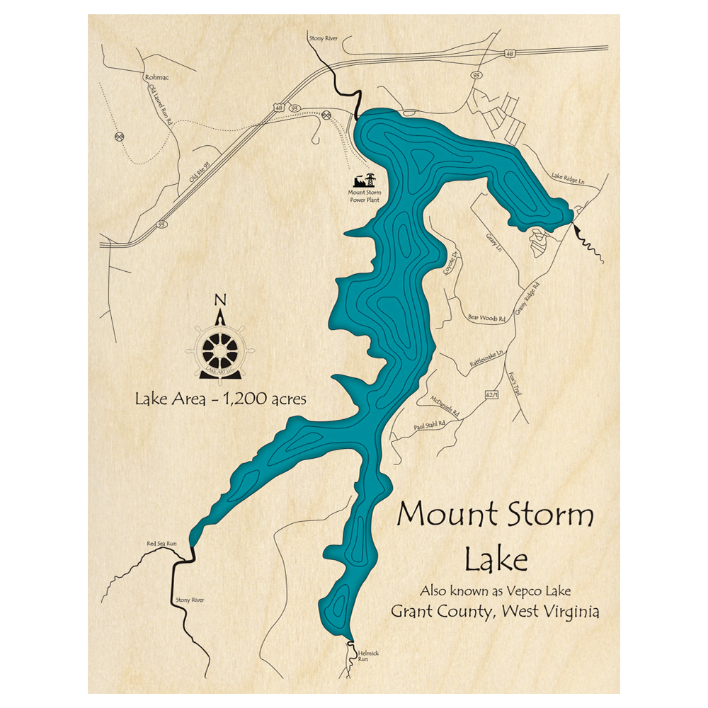 Bathymetric topo map of Mount Storm Lake, WV with roads, towns and depths noted in blue water.