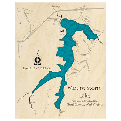 Bathymetric topo map of Mount Storm Lake, WV with roads, towns and depths noted in blue water.