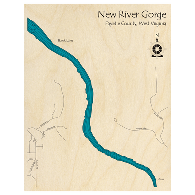 Bathymetric topo map of New River Gorge, WV with roads, towns and depths noted in blue water.