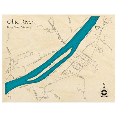 Bathymetric topo map of Ohio River Near Boaz WV, WV with roads, towns and depths noted in blue water.
