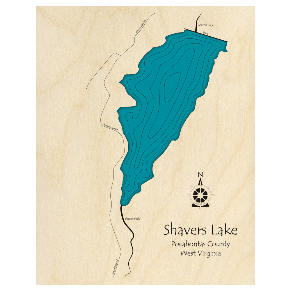 Bathymetric topo map of Shavers Lake, WV with roads, towns and depths noted in blue water.