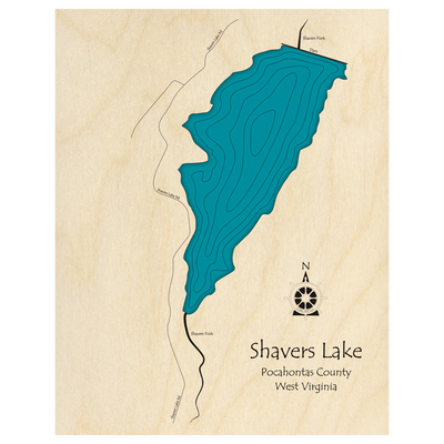 Bathymetric topo map of Shavers Lake, WV with roads, towns and depths noted in blue water.