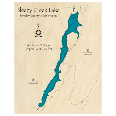 Bathymetric topo map of Sleepy Creek Lake, WV with roads, towns and depths noted in blue water.