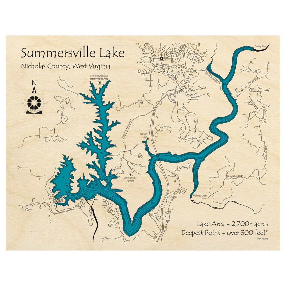 Bathymetric topo map of Summersville Lake, WV with roads, towns and depths noted in blue water.