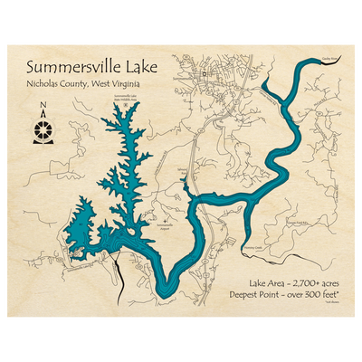 Bathymetric topo map of Summersville Lake, WV with roads, towns and depths noted in blue water.