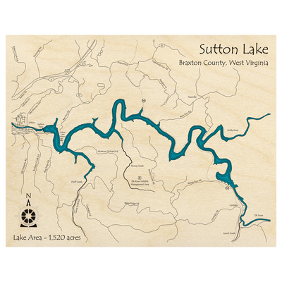 Bathymetric topo map of Sutton Lake, WV with roads, towns and depths noted in blue water.