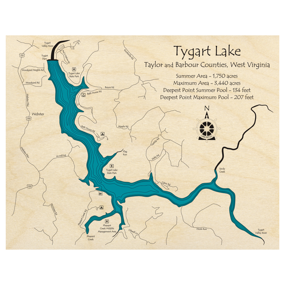 Bathymetric topo map of Tygart Lake, WV with roads, towns and depths noted in blue water.