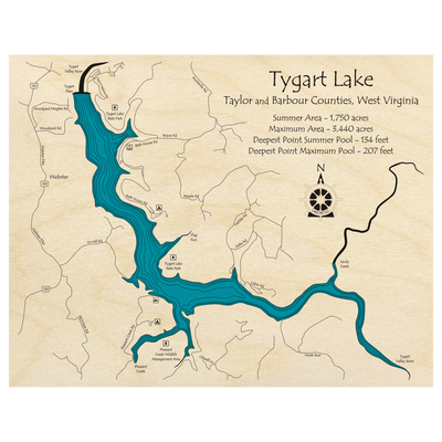 Bathymetric topo map of Tygart Lake, WV with roads, towns and depths noted in blue water.