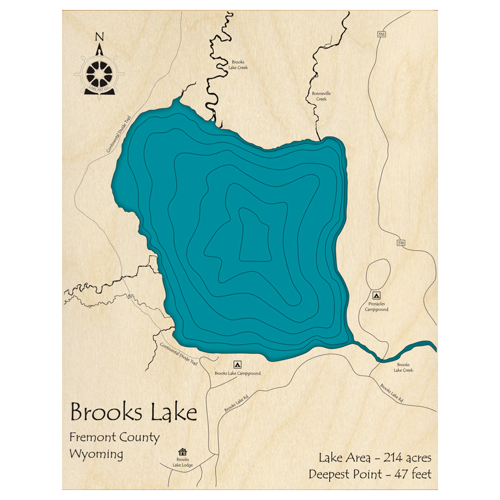 Bathymetric topo map of Brooks Lake, WY with roads, towns and depths noted in blue water.