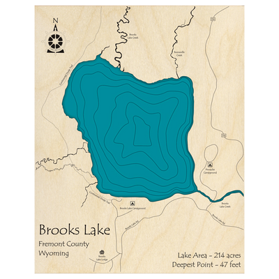 Bathymetric topo map of Brooks Lake, WY with roads, towns and depths noted in blue water.