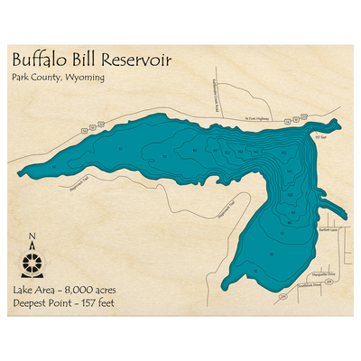 Bathymetric topo map of Buffalo Bill Reservoir, WY with roads, towns and depths noted in blue water.