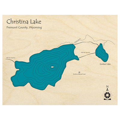 Bathymetric topo map of Christina Lake, WY with roads, towns and depths noted in blue water.
