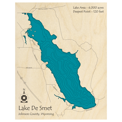 Bathymetric topo map of Lake De Smet, WY with roads, towns and depths noted in blue water.