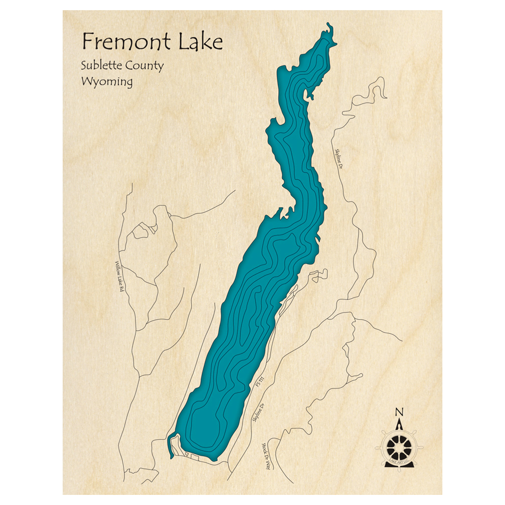 Bathymetric topo map of Fremont Lake, WY with roads, towns and depths noted in blue water.