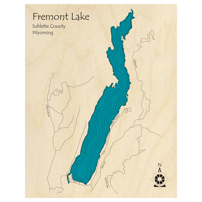 Bathymetric topo map of Fremont Lake, WY with roads, towns and depths noted in blue water.