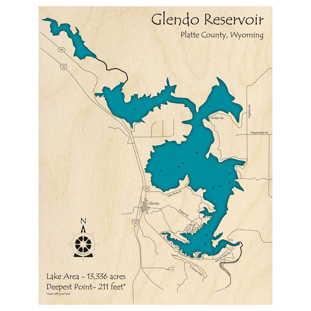 Bathymetric topo map of Glendo Reservoir, WY with roads, towns and depths noted in blue water.