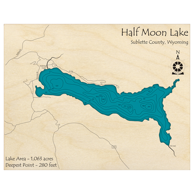 Bathymetric topo map of Half Moon Lake, WY with roads, towns and depths noted in blue water.