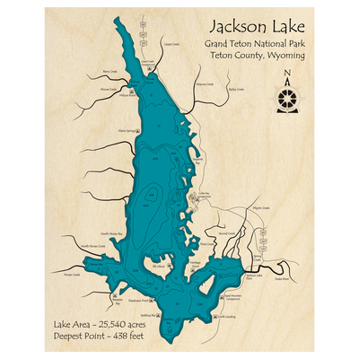 Bathymetric topo map of Jackson Lake, WY with roads, towns and depths noted in blue water.