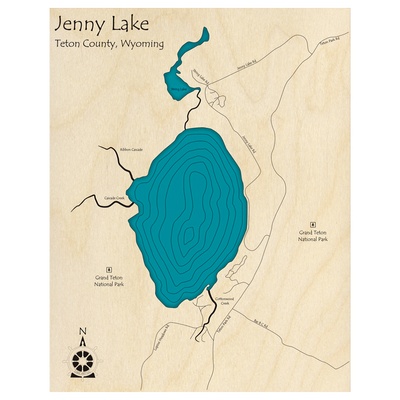 Bathymetric topo map of Jenny Lake, WY with roads, towns and depths noted in blue water.
