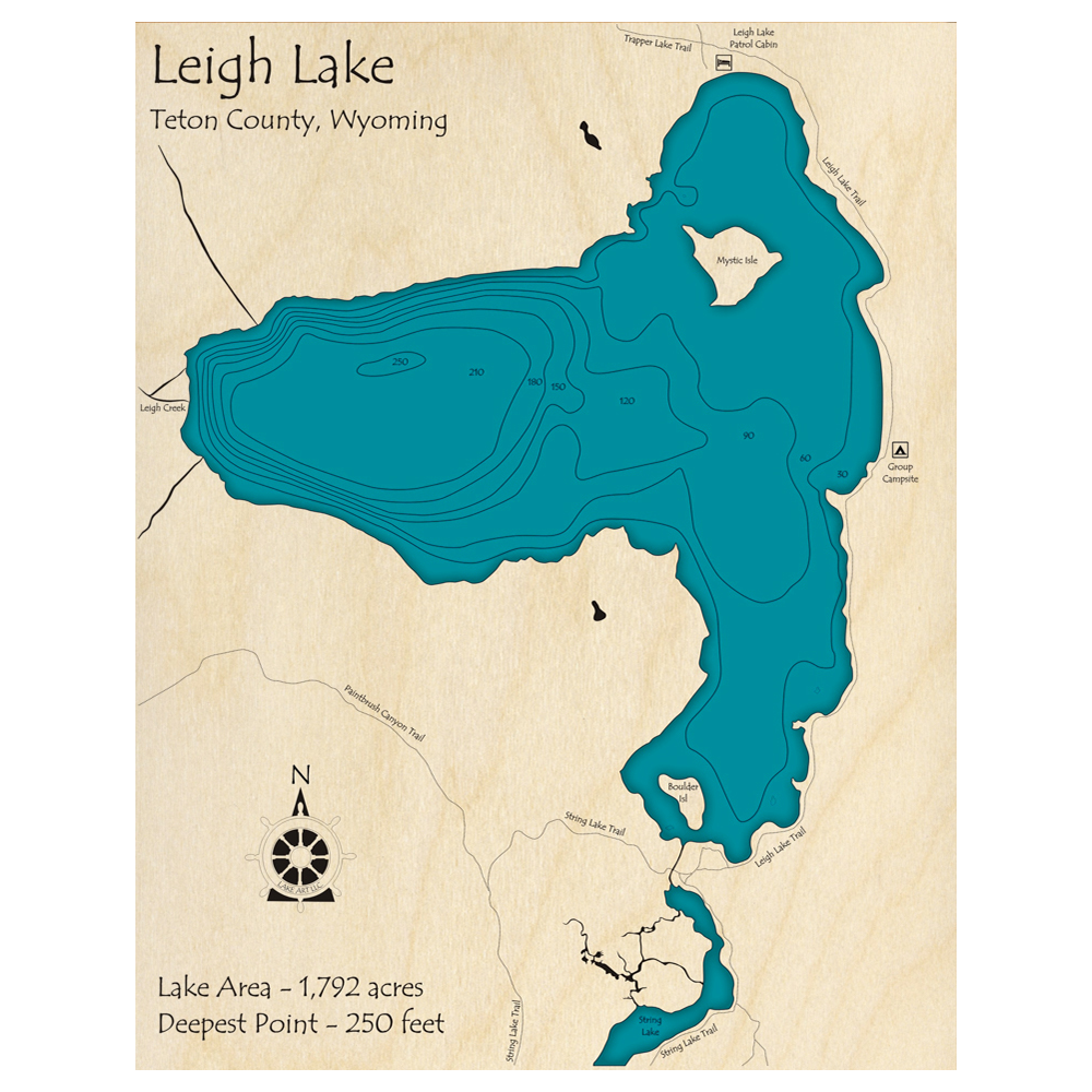 Bathymetric topo map of Leigh Lake, WY with roads, towns and depths noted in blue water.