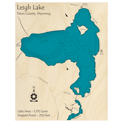 Bathymetric topo map of Leigh Lake, WY with roads, towns and depths noted in blue water.