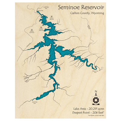 Bathymetric topo map of Seminoe Reservoir, WY with roads, towns and depths noted in blue water.