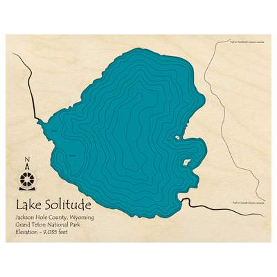 Bathymetric topo map of Lake Solitude, WY with roads, towns and depths noted in blue water.
