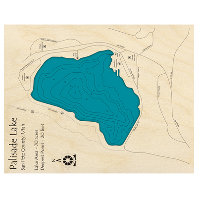 Bathymetric topo map of Palisade Lake, UT with roads, towns and depths noted in blue water.