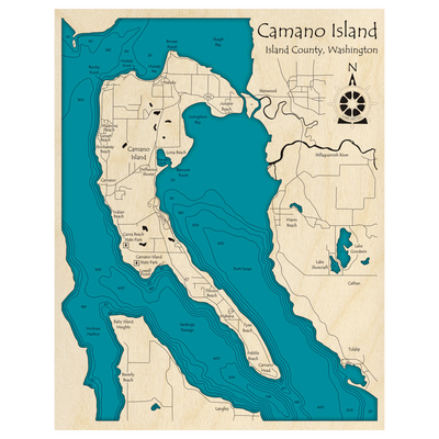 Bathymetric topo map of Camano Island, WA with roads, towns and depths noted in blue water.