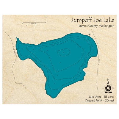 Bathymetric topo map of Jumpoff Joe Lake, WA with roads, towns and depths noted in blue water.