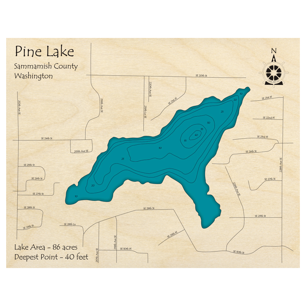 Bathymetric topo map of Pine Lake, WA with roads, towns and depths noted in blue water.